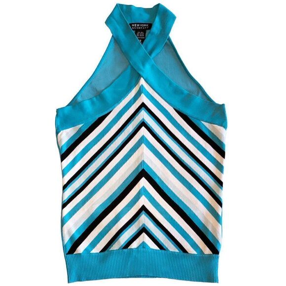 EUC 70s Style Turquoise & White Chevron Silk Blend Halter Criss Cross Crop Top - Picture 5 of 5